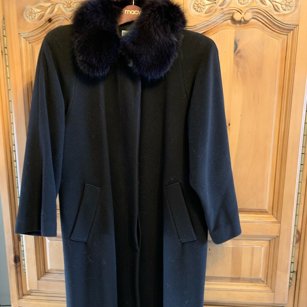 Long coat, real fur collar, navy